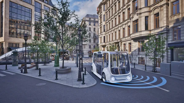 stock image Autonomous electric bus self driving on street, Smart vehicle technology concept, 3d render