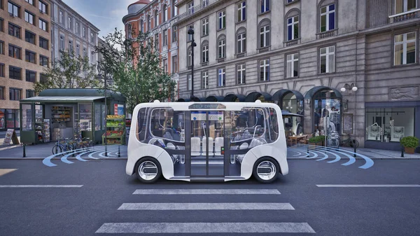 stock image Autonomous electric bus self driving on street, Smart vehicle technology concept, 3d render