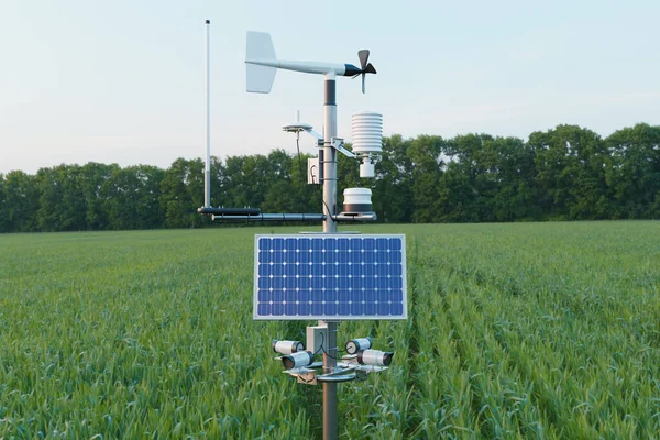 Meteorologická Stanice Travnatém Poli Technologie Inteligentním Zemědělským Konceptem — Stock fotografie