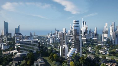 Geleceğin yeşil şehir konsepti, 3D render