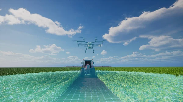 自主农业车辆和无人驾驶自动驾驶 5G技术与智能耕作概念 3D渲染 免版税图库照片