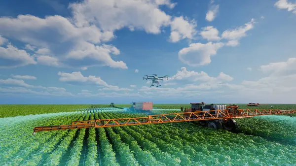 自主农业车辆和无人驾驶自动驾驶 5G技术与智能耕作概念 3D渲染 图库照片