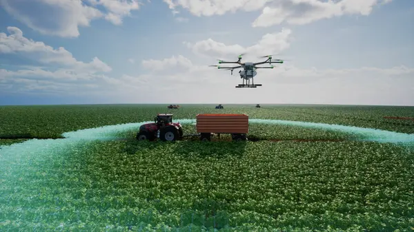 自主农业无人机飞行分析农业用地 农业创新与智能化耕作理念 3D渲染 图库图片