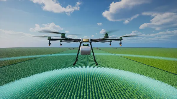 农业无人机扫描该地区以确定农田喷洒肥料的路径 智能耕作概念 3D渲染 图库图片