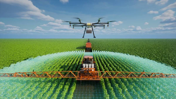 自主农业车辆和无人驾驶飞机在农业用地中工作 农业技术与智能化耕作概念 3D渲染 图库图片