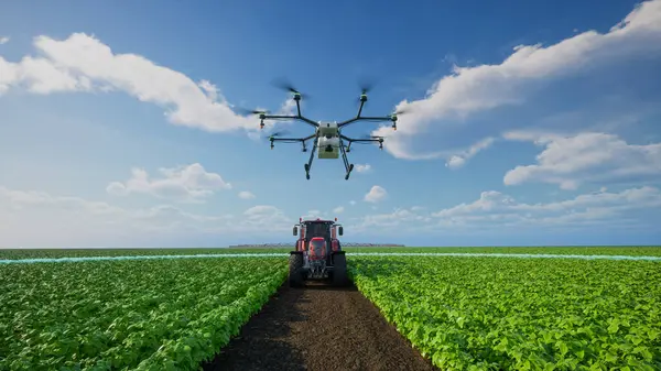 自主农业车辆和无人驾驶自动驾驶 5G技术与智能耕作概念 3D渲染 图库图片