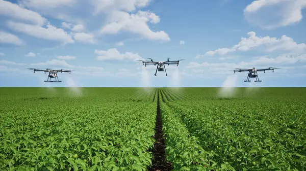 农业无人机飞向番茄田上喷洒肥料 智能耕作理念的创新 3D渲染 免版税图库图片