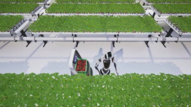 Serada çilek toplayan yapay zeka robotu akıllı tarım kavramına sahip gelecekteki tarım teknolojisi. 