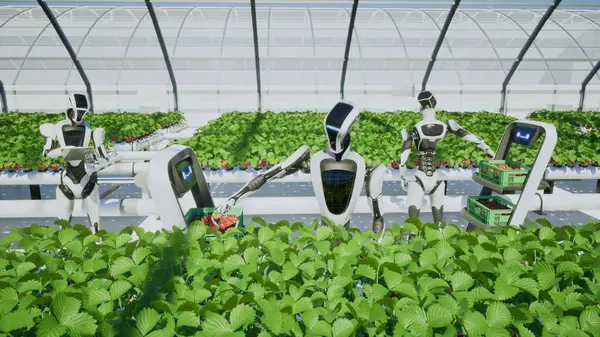 用绿色采摘草莓的人工智能机器人 免版税图库图片