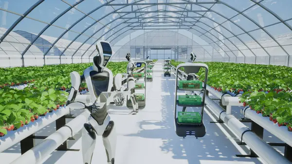 人工智能机器人在温室收获草莓 3D渲染 图库照片