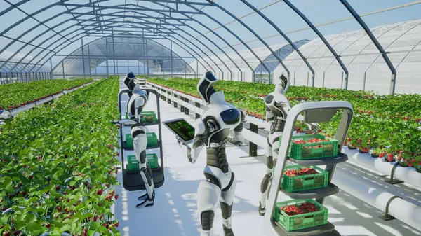 人工智能机器人在温室收获草莓 3D渲染 免版税图库照片