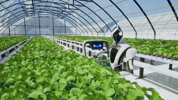 Artificiell Intelligens Robot Skörda Jordgubbar Växthuset Render Stockbild