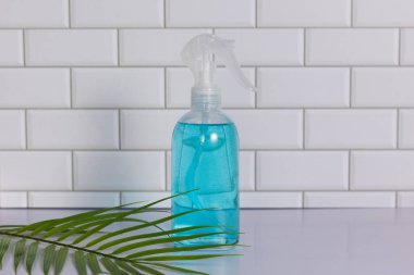 Glass spray bottle in the kitchen. Cleaning concept