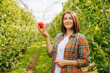 Ön manzara kameraya bakıyor genç çiftçi kadın elinde taze koparılmış bir elma tutuyor. Hasat olgunlaştı, hasat etmeye başlayabilirsin. Elmalı tarımcı kız..