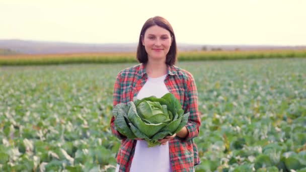Önden Bakan Genç Çiftçi Kadın Elinde Lahanayla Tarlada Duruyor Tatlı — Stok video