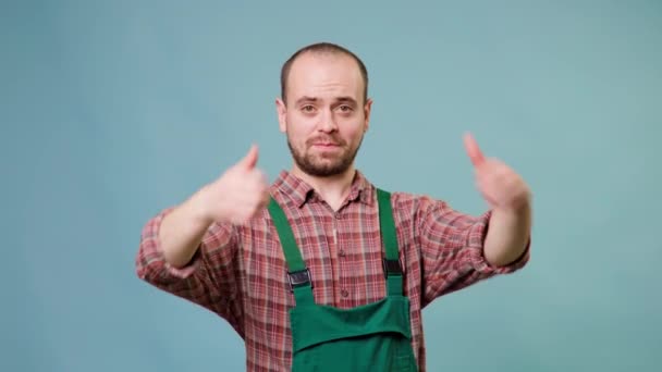 Handsome Young Farmer Big Smile Thumb Captured Wearing Overalls Studio — Vídeos de Stock