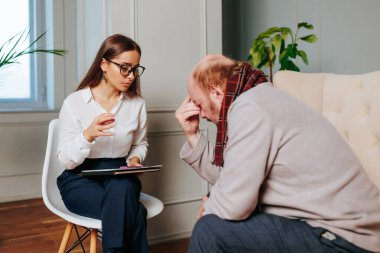 Caregiver psychologist console american senior people for mental health, geriatric psychology, Depressed senior man talking with female psychologist, desperate people, emotions sad, elderly worry,