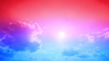 Panorama of cloudscape at sunset with vivid and dreamy colors on sky, blurred, abstract background. Modern template for your design, illustration, wallpaper. Defocused, selective focus.