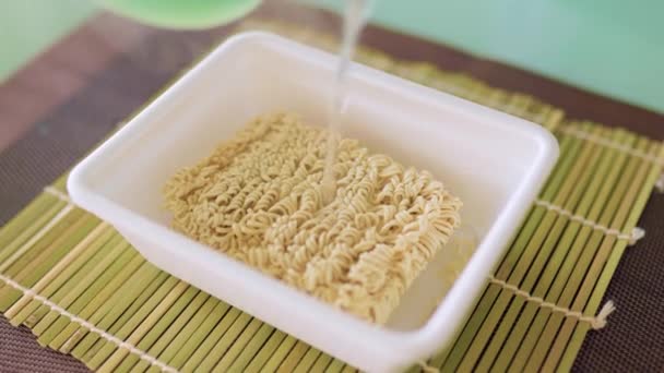 Preparing Instant Noodles Steam Rising Hot Water Pour Pasta Process — Stock Video