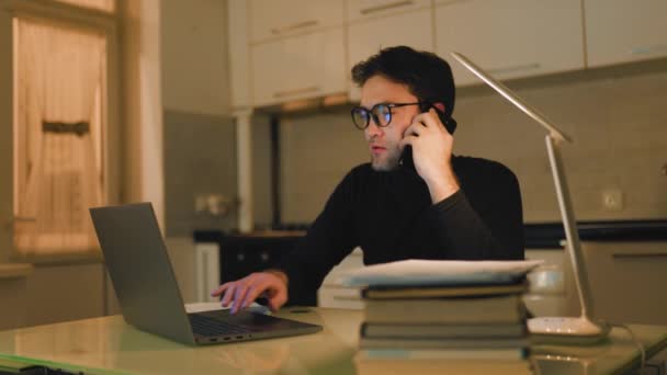 Freelance Worker Talking Smartphone Burning Midnight Oil Typing Away His — Stock Video