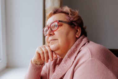 Elegant Senior Woman at Home, An elderly woman at home, looking pretty and poised for her portrait despite her overweight frame.