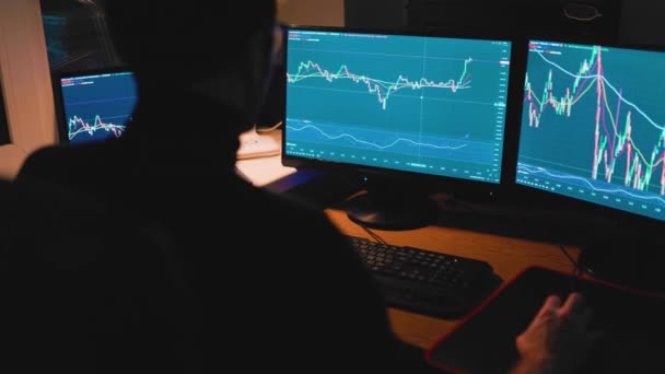 Nighttime Trading Back Man Illuminated Looks Exchange Graphs Working Late — Stock video