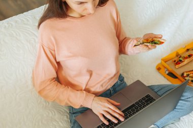 Mükemmel bir kombinasyon. Genç bir kadın dizüstü bilgisayarıyla çalışıyor ve evindeki rahat oturma odasında bir dilim pizzanın tadını çıkarıyor. Otantik bir anda, genç bir kadın bilgisayarında çalışırken yakalandı.