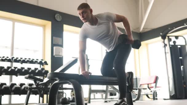 Homem Determinado Envolve Exercício Musculação Como Parte Sua Rotina Ginástica — Vídeo de Stock