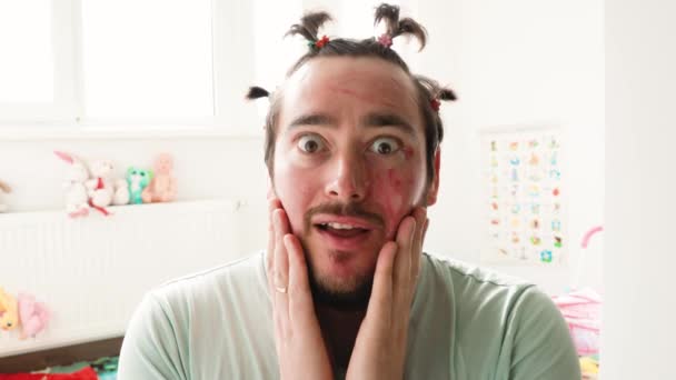 Funny Man Makeup Overwhelmed Emotion Unusual Make Funny Man Crazy — Stock Video