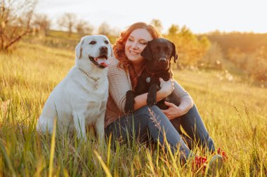 Kadınlar gün batımında köpekleriyle oynarken saf neşe. Güzel anlar. Kadın ve labradoru gün batımında dışarıda eğleniyorlar.