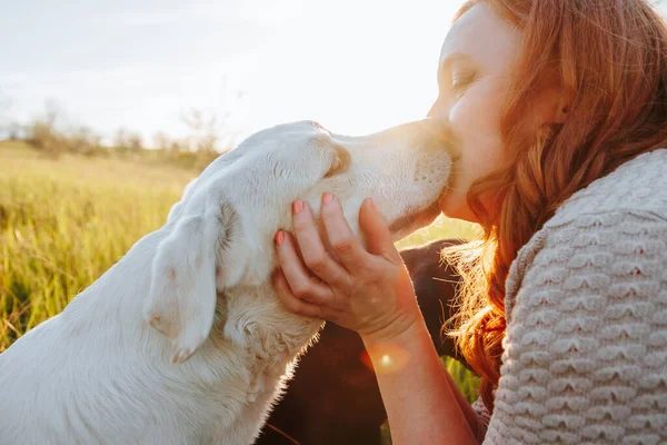 Захоплюючий Canine Love Womans Грайлива Прихильність Заході Сонця Жінка Вірний — стокове фото