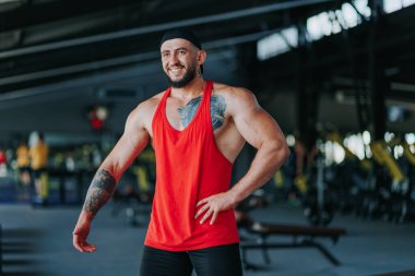 Bu büyüleyici spor salonu portresi, fitness ve atletizmin özünü somutlaştıran, Latin kökenli genç ve güçlü bir adamı temsil ediyor. Spor Giyim Salonu Portresindeki Kafkasyalı Adam