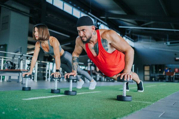 В оживленном спортзале спортсмены мужского и женского пола из разных слоев общества объединяются для мощной тренировки гантели, воплощающей суть спортивного мастерства.