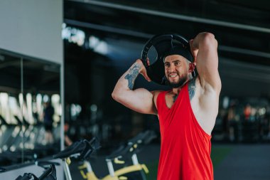 Ağırlık kaldırma seansı sırasında spor salonunda ağırlık kaldıran kaslı bir adam gücünü gösteriyor. Kas Gücünü Serbest Bırakan Adam Spor Salonunda Ağırlık Kaldırıyor