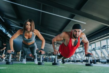 Erkek ve kadın sporcular, hem Amerikalı hem de İspanyol sporcular, spor salonunda sıkı bir dambıl eğitimine katılarak, spora olan bağlılıklarını gösteriyorlar..