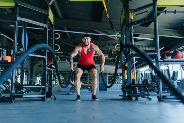Spor salonu ayarları, kararlı, sportif ve kaslı bir genç adam halat egzersiziyle meşgul. Güç ve atletizm kazandıkça dikkati ve konsantrasyonu ortaya çıkıyor.