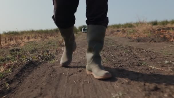 農業の中心に足を踏み入れる 国道の農民ゴム製ブーツと脚の閉鎖 田舎道のゴム製ブーツの農業主義者の展望フィート 追跡ショット — ストック動画