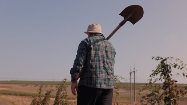 Vezető Kaukázusi Farmer Aki Lapáttal Kezében Sétál Földjén Készen Áll — Stock videók