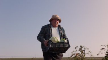 Olgun yaşlı bir adam, Amerikalı bir çiftçi, cömert tarım arazilerinde yürüyor, doğanın güzelliğini kucaklıyor. Kırsal kesimde Amerikan Erkek Taşıma Sandığı