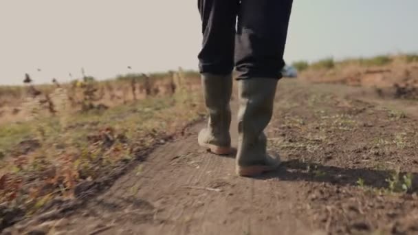 Закройте Глаза Фермер Сапогах Ногах Передвигается Проселочной Дороге Аграрная Жизнь — стоковое видео