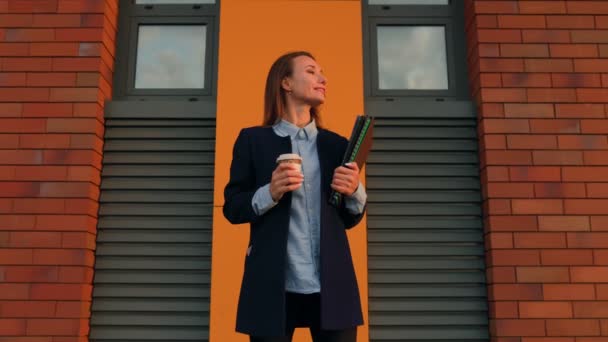 Eine Schöne Junge Geschäftsfrau Die Die Urbane Landschaft Mit Selbstbewusstsein — Stockvideo