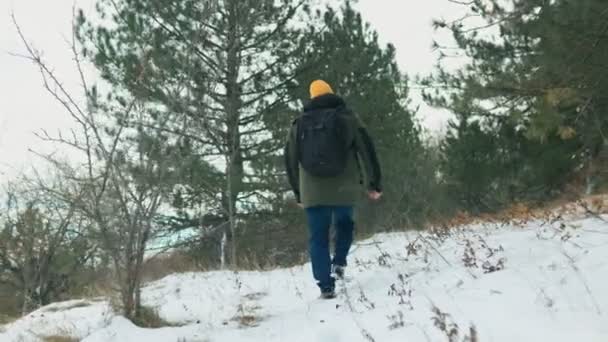 Ontsnap Schoonheid Van Winter Met Een Amerikaanse Wandelaar Wandelen Een — Stockvideo