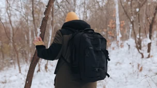 Experimente Cautivador Viaje Hombre Que Camina País Las Maravillas Invierno — Vídeo de stock