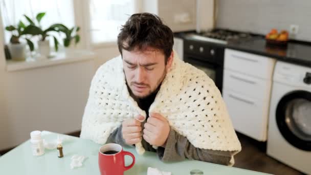 Flu Young Caucasian Man Beard Wrapped Duvet Shivering Cold Seated — Stock Video