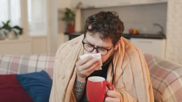 Ailments Ambiance Man Eyeglasses Afflicted Seasonal Flu Coughs Sneezes Cozily — Vídeo de Stock