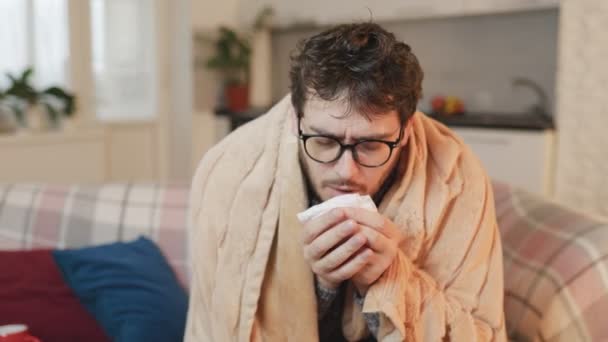 Sneezing Symphony Home Man Eyeglasses Weathering Seasonal Flu Covers Duvet — Stock Video