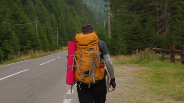 Descubra Estrada Aberta Com Viajante Americano Ativo Caminhada Cara Caminhadas — Vídeo de Stock