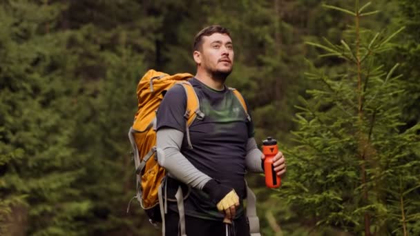 带着一个西班牙旅行者 一个独自徒步远征的人 背着一生旅行必需品的背包 走过大自然未驯服的小径 — 图库视频影像