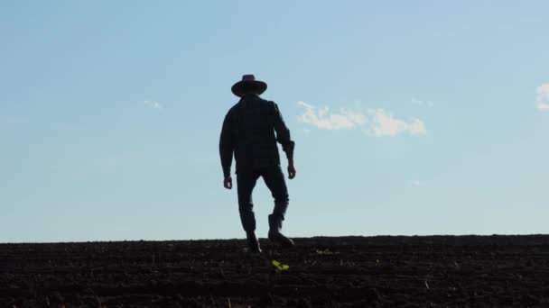 Landbouw Het Silhouet Van Een Mannelijke Boer Laarzen Een Hoed — Stockvideo