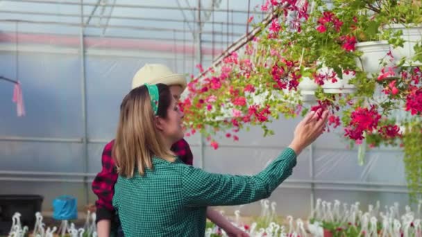 Ładna Matka Córka Oglądając Analizować Kwiaty Szklarni Inspekcja Kontrola Roślin — Wideo stockowe
